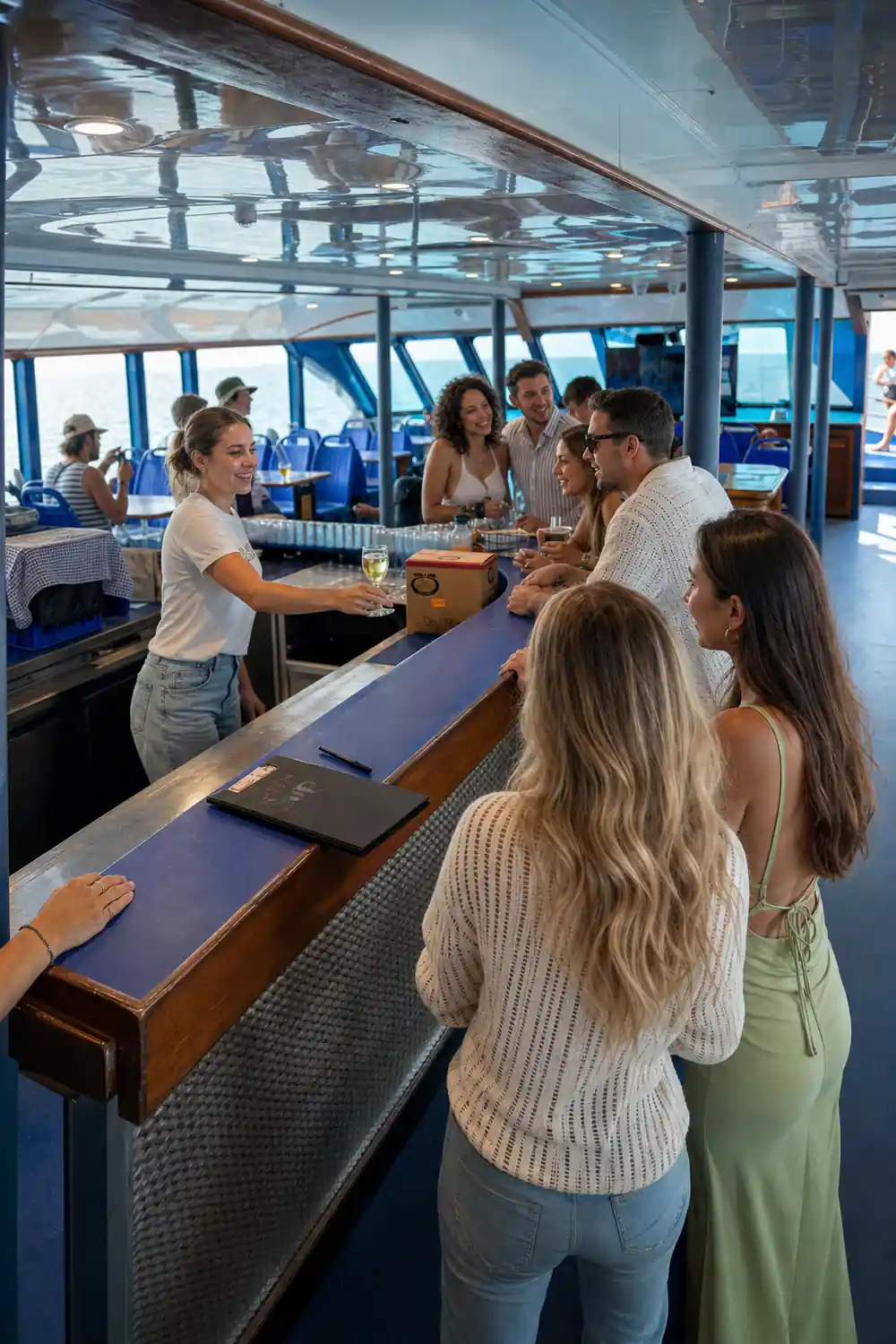 Guests standing at the boat's timber bar with glasses