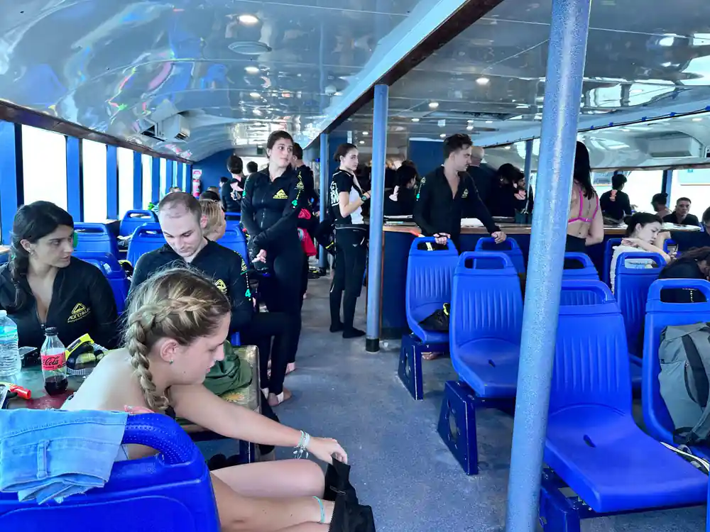 Guests in wetsuits seated in the cabin before a dive