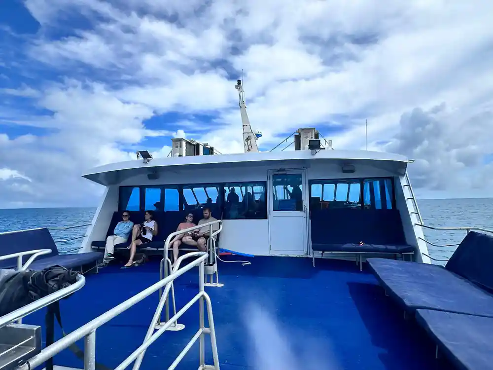 The upper deck and wheelhouse with guests seated forward